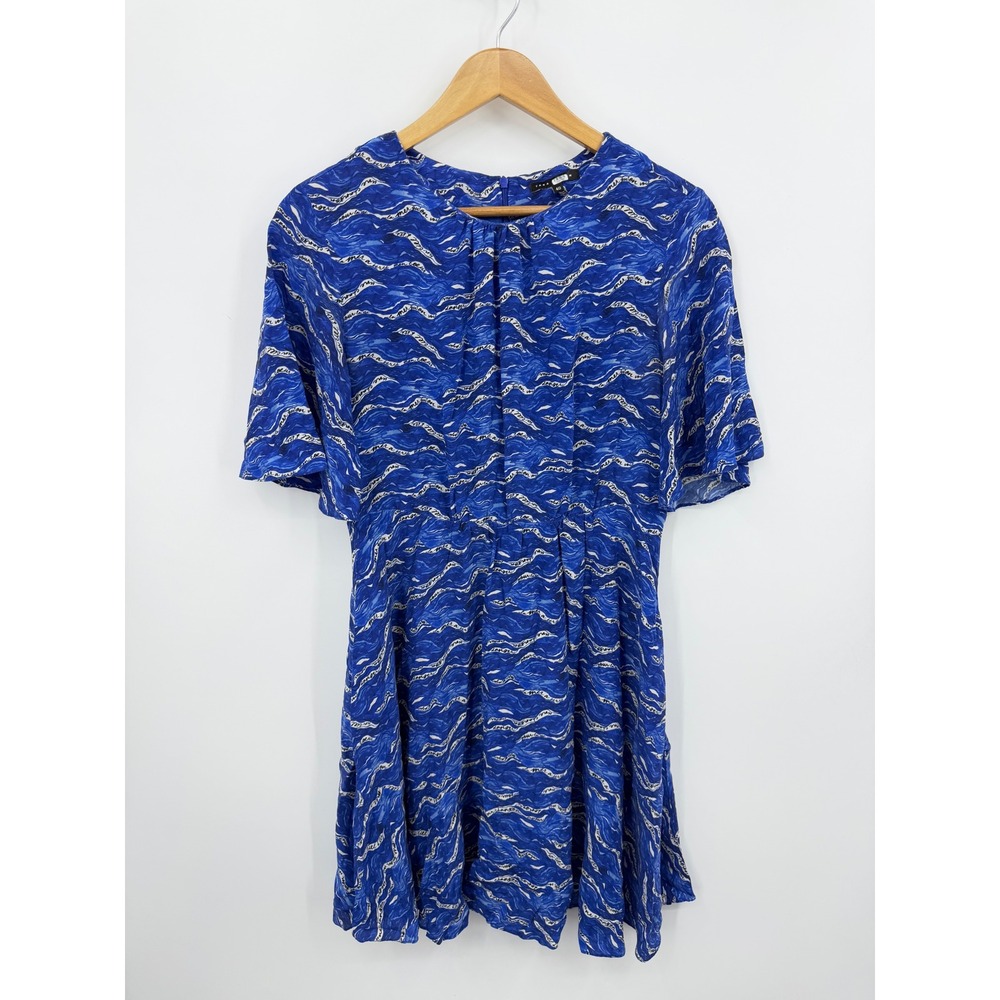 Tara Jarmon Paris Silk Wave Mini raisin Dress Women 40 US 6 Blue Flutter Sleeve